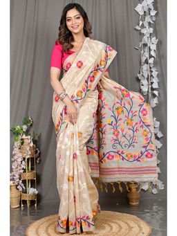 DipDiya - Cream Floral Cotton Silk Saree with Unstitched Blouse