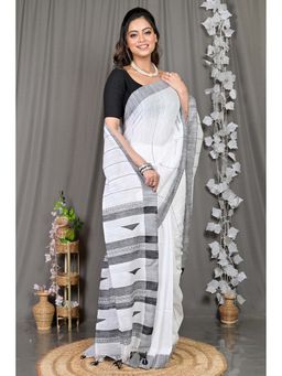 DipDiya - White Woven Cotton Blend Saree with Unstitched Blouse