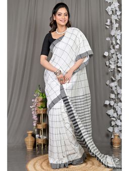 DipDiya - White Woven Cotton Blend Saree with Unstitched Blouse
