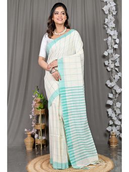 DipDiya - White Woven Cotton Blend Saree with Unstitched Blouse