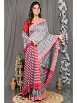 DipDiya - Grey Woven Cotton Blend Saree with Unstitched Blouse