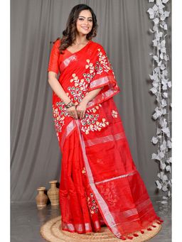 DipDiya - Red Embroidered Cotton Blend Saree with Unstitched Blouse