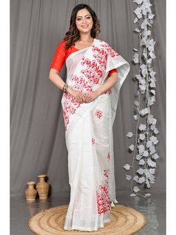 DipDiya - White Embroidered Cotton Blend Saree with Unstitched Blouse