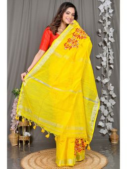 DipDiya - Yellow Embroidered Cotton Blend Saree with Unstitched Blouse