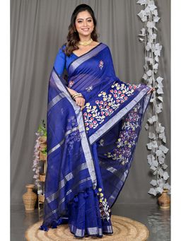 DipDiya - Blue Embroidered Cotton Blend Saree with Unstitched Blouse