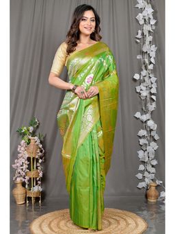 DipDiya - Green Woven Cotton Silk Saree with Unstitched Blouse