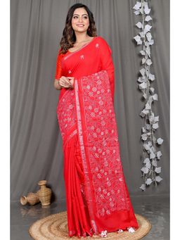 DipDiya - Red Embroidered Cotton Blend Saree with Unstitched Blouse
