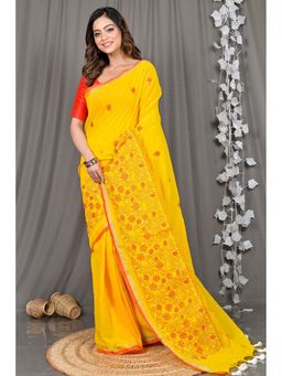 DipDiya - Yellow Embroidered Cotton Blend Saree with Unstitched Blouse