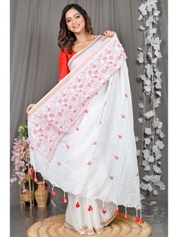 DipDiya - White Embroidered Cotton Blend Saree with Unstitched Blouse