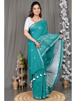 DipDiya - Green Embroidered Cotton Blend Saree with Unstitched Blouse