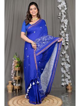 DipDiya - Navy Blue Embroidered Cotton Blend Saree with Unstitched Blouse