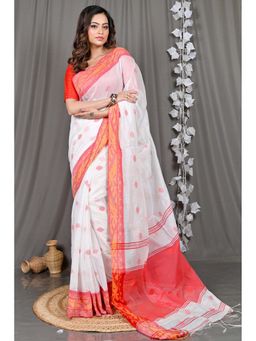 DipDiya - White Woven Cotton Blend Saree with Unstitched Blouse