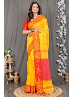 DipDiya - Yellow Woven Cotton Blend Saree with Unstitched Blouse