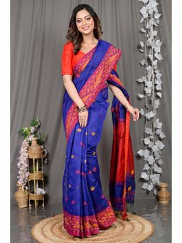 DipDiya - Navy Blue Woven Cotton Blend Saree with Unstitched Blouse