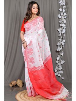DipDiya - White Woven Cotton Blend Saree with Unstitched Blouse
