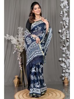 DipDiya - Navy Blue Printed Cotton Saree with Unstitched Blouse