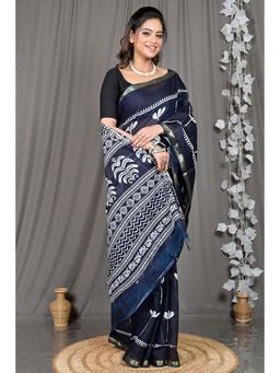 DipDiya - Navy Blue Printed Cotton Saree with Unstitched Blouse