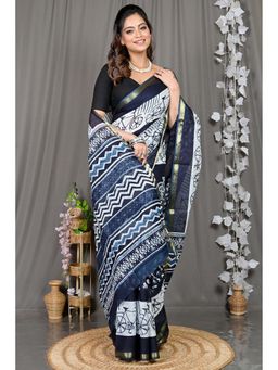 DipDiya - Navy Blue Printed Cotton Saree with Unstitched Blouse