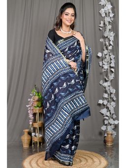 DipDiya - Navy Blue Printed Cotton Saree with Unstitched Blouse
