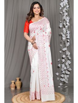 DipDiya - White Embroidered Cotton Blend Saree with Unstitched Blouse