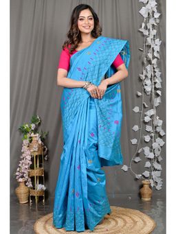 DipDiya - Blue Embroidered Cotton Blend Saree with Unstitched Blouse