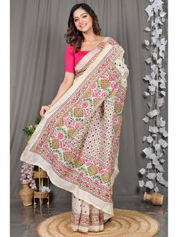 DipDiya - White Embroidered Cotton Saree with Unstitched Blouse