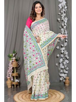 DipDiya - White Embroidered Cotton Saree with Unstitched Blouse