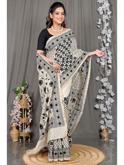 DipDiya - White Embroidered Cotton Saree with Unstitched Blouse