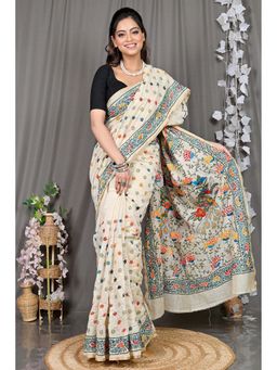 DipDiya - White Embroidered Cotton Saree with Unstitched Blouse