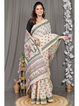 DipDiya - White Embroidered Cotton Saree with Unstitched Blouse