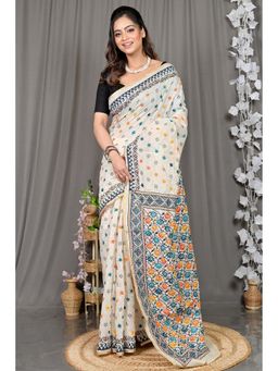 DipDiya - White Embroidered Cotton Saree with Unstitched Blouse