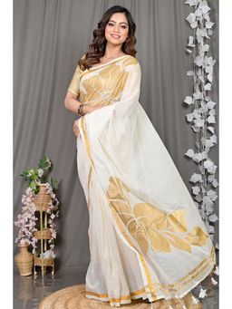 DipDiya - White Printed Cotton Blend Saree