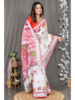 DipDiya - White Printed Pure Cotton Saree with Unstitched Blouse