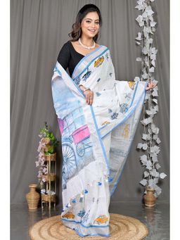 DipDiya - Blue Printed Pure Cotton Saree with Unstitched Blouse