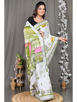 DipDiya - Green Printed Pure Cotton Saree with Unstitched Blouse