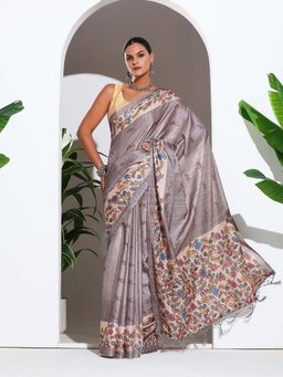 MEENA BAZAAR - Grey Printed Art Silk Saree