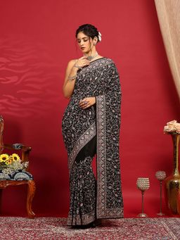 MEENA BAZAAR - Black Embroidered Georgette Saree
