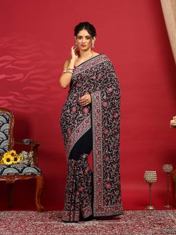 MEENA BAZAAR - Blue Embroidered Georgette Saree