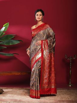 MEENA BAZAAR - Grey Printed Art Silk Saree
