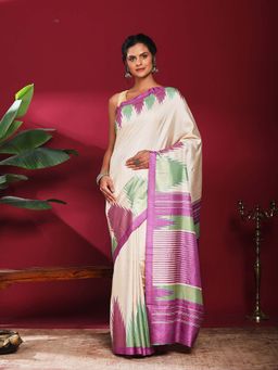 MEENA BAZAAR - Beige Printed Art Silk Saree