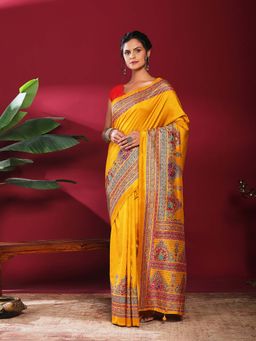 MEENA BAZAAR - Mustard Printed Art Silk Saree