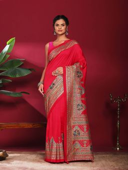 MEENA BAZAAR - Pink Printed Art Silk Saree