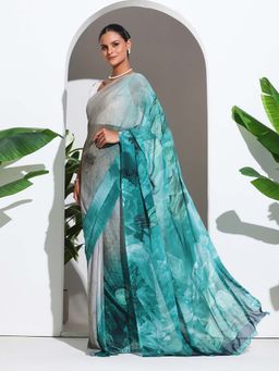 MEENA BAZAAR - Green Printed Georgette Saree