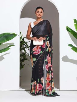 MEENA BAZAAR - Black Printed Georgette Saree