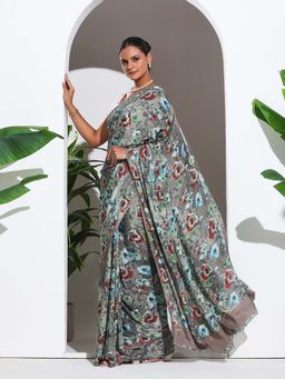 MEENA BAZAAR - Grey Printed Crepe Saree