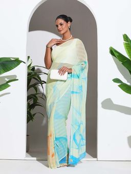 MEENA BAZAAR - Blue Printed Crepe Saree