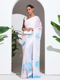 MEENA BAZAAR - Blue Printed Crepe Saree