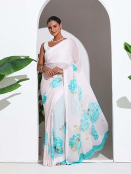 MEENA BAZAAR - Blue Printed Crepe Saree