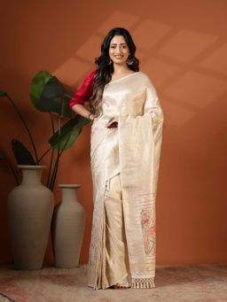 MEENA BAZAAR - Beige Woven Art Silk Saree