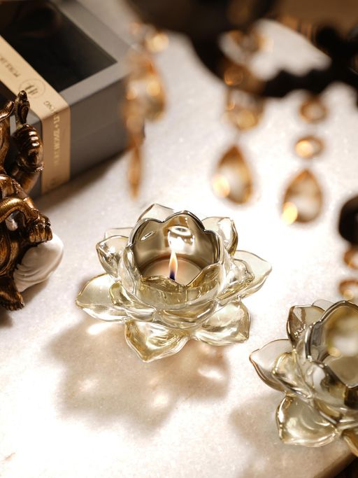 Pure Home + Living Light Amber Glass Lotus Shaped Tealight Holders (Pack of 2)